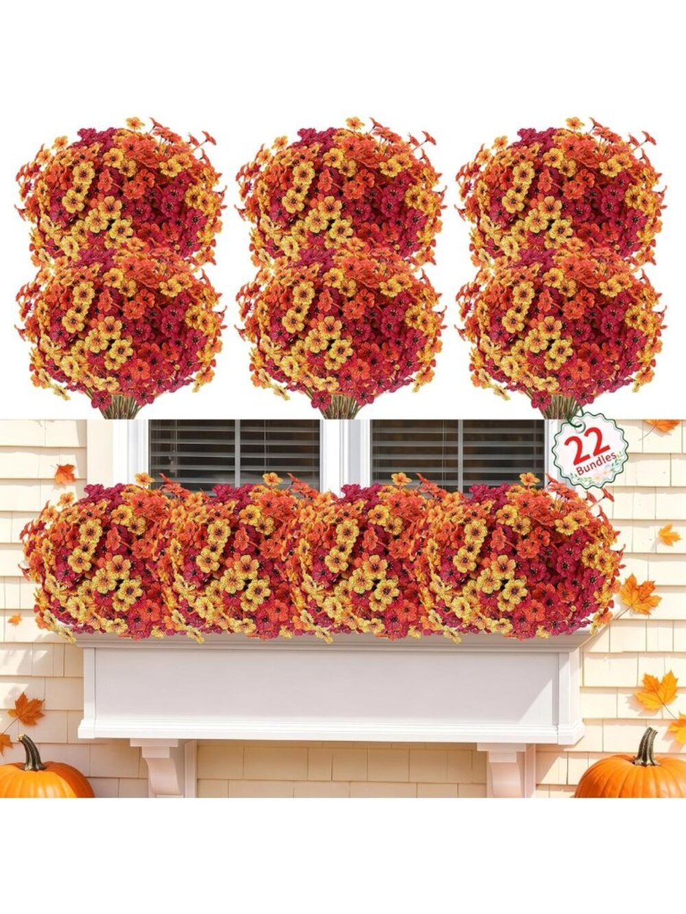 22 Pack Fall Mums - Artificial Flowers for Indoor & Outdoor Decor, Autumn Mix